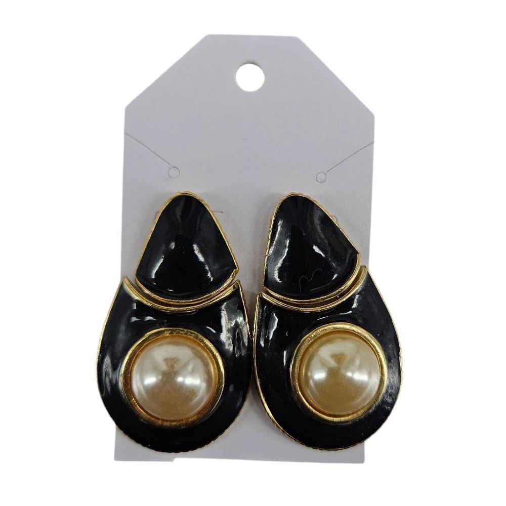 Vintage Black Gold and Pearl Teardrop Stud Earrings